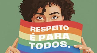 Ilustração de uma pessoa com pele morena e cabelo cacheado segurando uma bandeira com as cores do arco-íris, símbolo do orgulho LGBTQIA+. A bandeira cobre parcialmente o rosto da pessoa, revelando apenas os olhos. No centro da bandeira, está escrito em letras brancas "RESPEITO É PARA TODOS". O fundo é de cor verde.