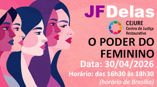 Composição visual • No lado esquerdo, há três rostos humanos estilizados, vistos de perfil, sobrepostos. ◦ Os rostos são minimalistas, com formas suaves e contornos simples. ◦ Cada rosto aparece em uma tonalidade diferente (azul escuro, rosa e coral), criando contraste e profundidade. ◦ O fundo nessa área tem um degradê rosado, reforçando a unidade visual. • No lado direito, o fundo é mais claro (rosa claro), destacando o conteúdo textual.
Textos presentes na imagem O texto está organizado de forma hierárquica e legível: • No topo: ◦ “JF Delas” (em destaque, com “JF” em roxo e “Delas” em branco/rosa claro) • Logo abaixo: ◦ CEJURE ◦ Centro de Justiça Restaurativa
(Acompanham um pequeno logotipo circular com cores variadas) • Título central, em grande destaque: ◦ “O PODER DO FEMININO”
(Todo em letras maiúsculas, com forte peso visual) • Informações do evento, mais abaixo: ◦ Data: 30/04/2026 ◦ Horário: das 16h30 às 18h30 ◦ (horário de Brasília)